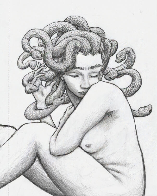 Medusa Pushing Away Her Snakes | pencil on paper